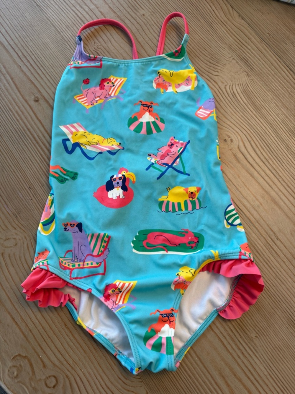 Mini Boden Turquoise One-Piece Swimsuit with Dogs! Size 8/9